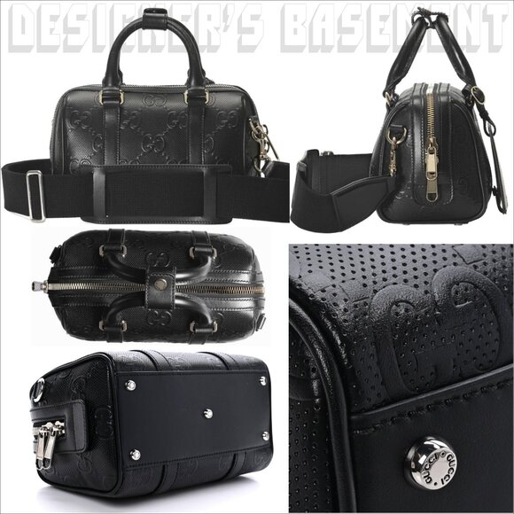 GUCCI blck Calfskin TENNIS perforated GG Embossd Mini Duffle BOSTON strap Bag ๐ - Picture 5 of 10